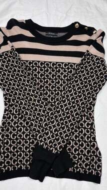 Guess LS Logo Jacquard Sweater Size L Black Beige Striped G Logo